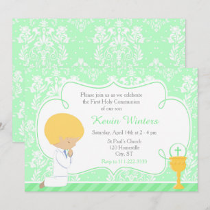 Blonde Boy First Communion Damask Inbjudningar