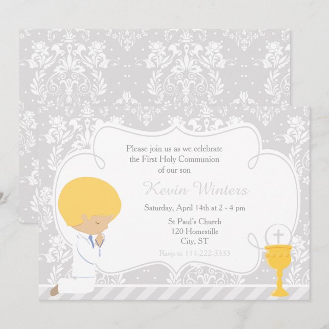 Blonde Boy First Communion Damask Inbjudningar (Fram/baksida)