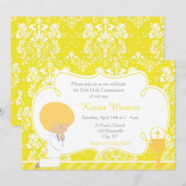 Blonde Boy First Communion Damask Inbjudningar (Fram/baksida)