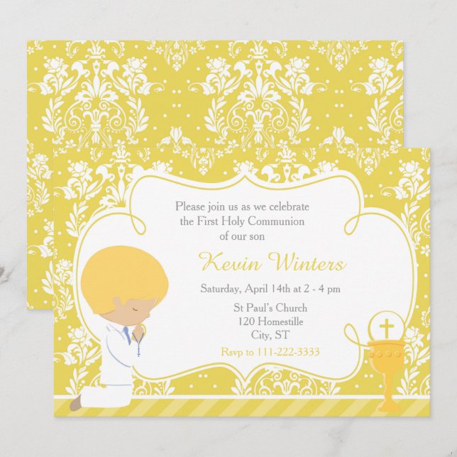 Blonde Boy First Communion Damask Inbjudningar (Fram/baksida)