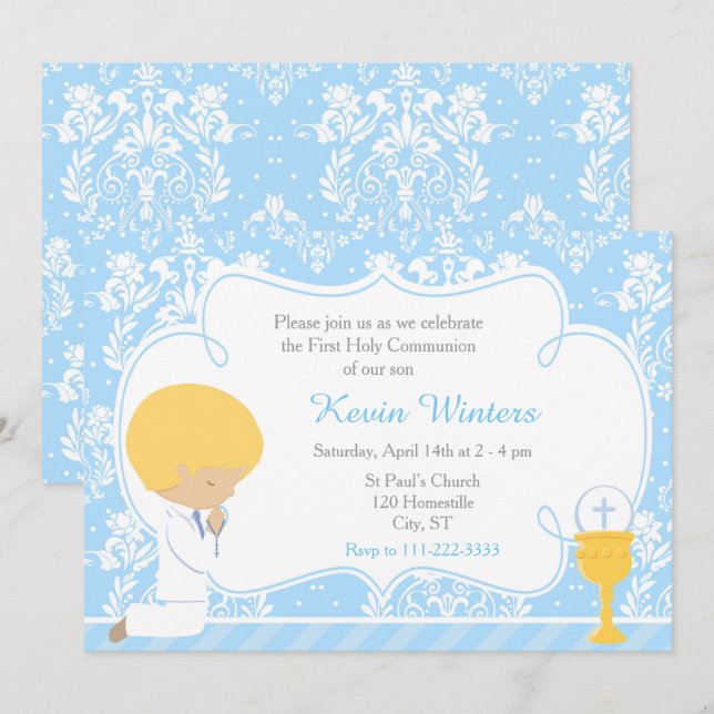Blonde Boy First Communion Damask Inbjudningar (Fram/baksida)
