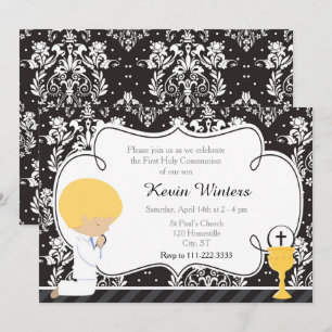 Blonde Boy First Communion Damask Inbjudningar