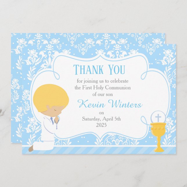 Blonde Boy First Communion Damask Tack Kort (Fram/baksida)