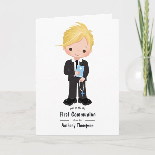 Blonde Boy First Heliga Communion Photo Inbjudan (Framsida)