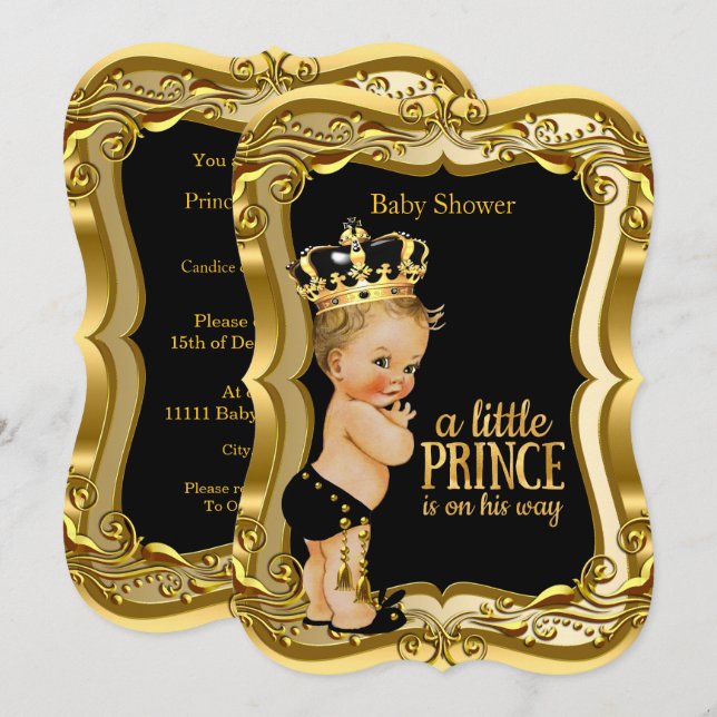 Blonde Boy Prince Baby Shower Black Guld Inbjudningar (Fram/baksida)