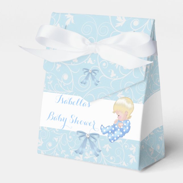 Blonde Boy Shower Blue Cute Baby favor Presentaskar (Framsidan Sidan)