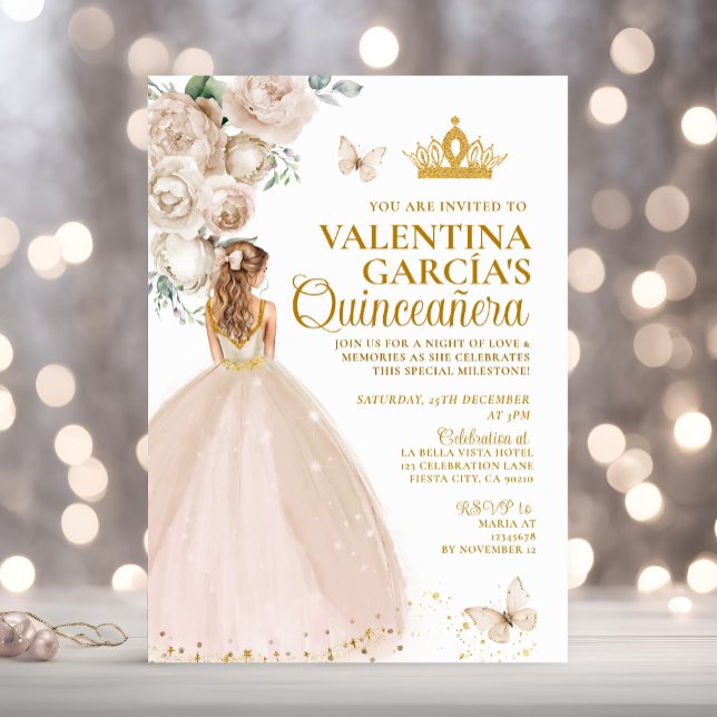 Blonde Champagne Quinceañera 15 Anos Guld Krona Inbjudningar (Skapare uppladdad)