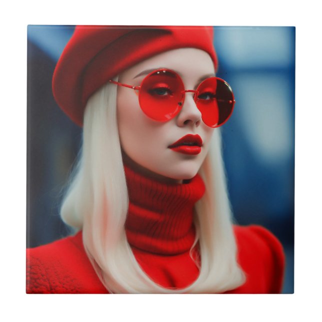 Blonde Dam i rött Kakelplatta (Framsidan)