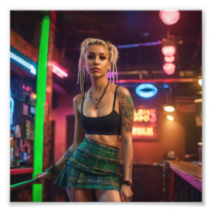 Blonde DreadPunk Frill Tartan Skirt Girl i Pub Fototryck