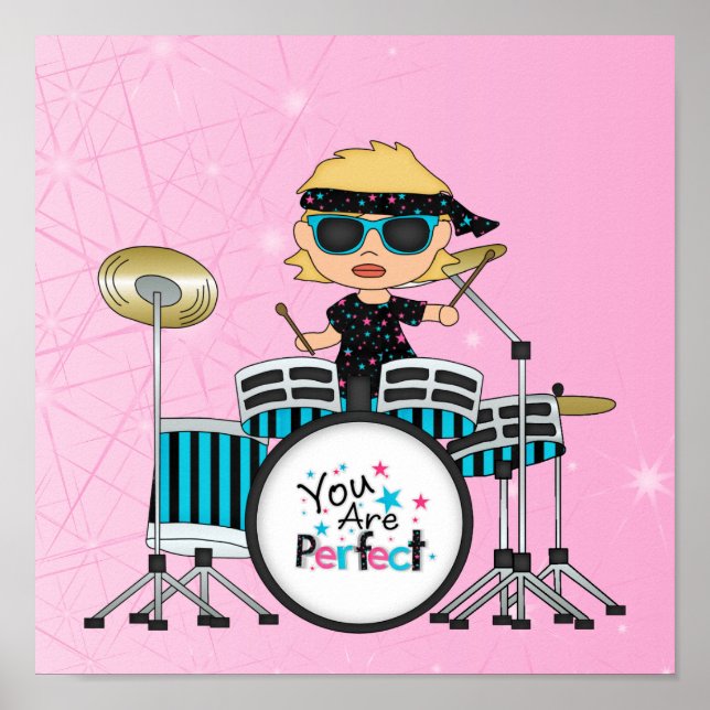 Blonde Drummer Girl med stjärnor på Rosa Poster (Framsidan)