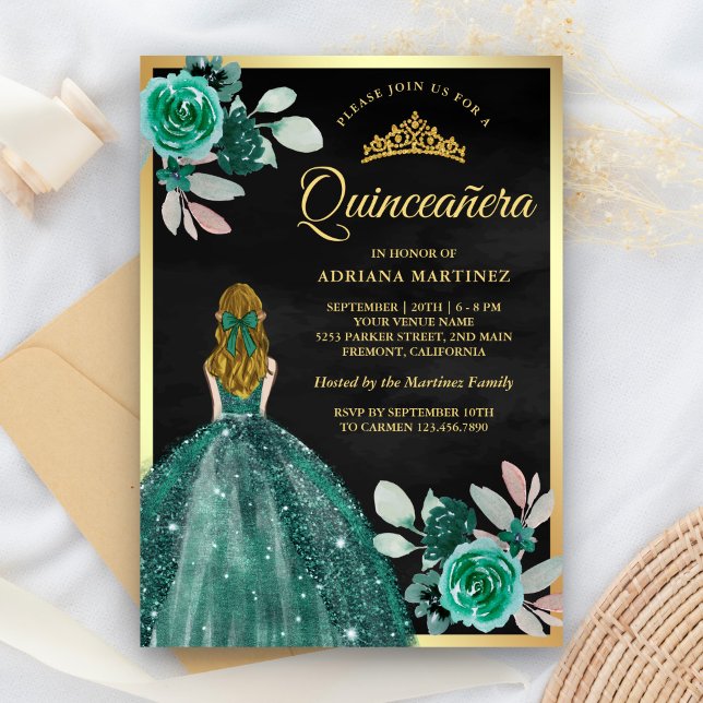 Blonde Emerald Dress Black Guld Quinceanera Inbjudningar (Skapare uppladdad)