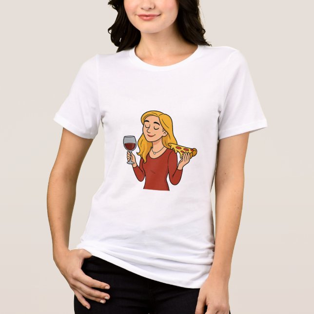 Blonde enjoying wine and pizza t shirt (Framsida)