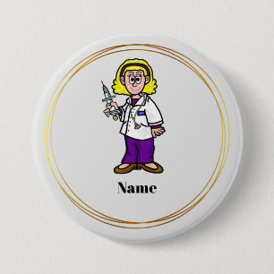 Blonde Female Doktor med Syringe Namn-knapp Knapp