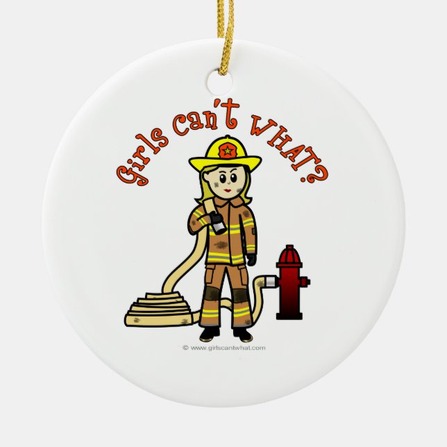 Blonde Firefighter Girl Julgransprydnad Keramik (Framsidan)