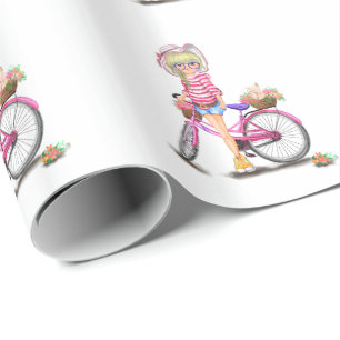 Blonde Girl and Rosa Bike Wrapping Papper Presentpapper