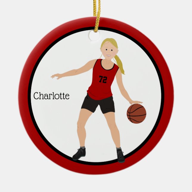 Blonde Girl Basketball Player in Red and Black Julgransprydnad Keramik (Framsidan)