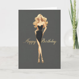 Blonde Girl Black Dress Glam Fashionista BDay Kort