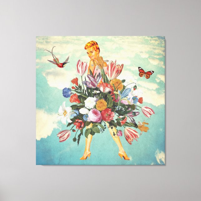 Blonde Girl Bouquet & Himlar Retro Collage Canvastryck (Framsida)