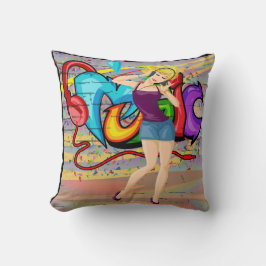 Blonde Girl Dancing MusicGraffiti Wall Background Kudde