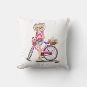 Blonde Girl Dekorativ kudde med Rosa Bike