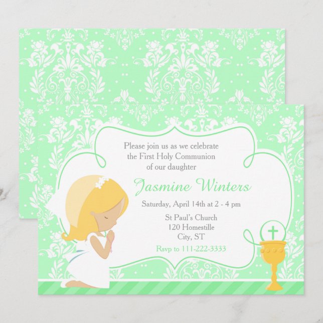 Blonde Girl First Communion Damask Inbjudningar (Fram/baksida)