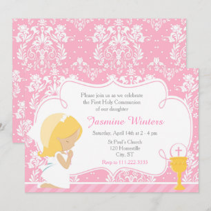 Blonde Girl First Communion Damask Inbjudningar