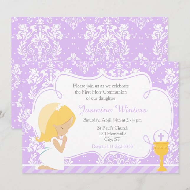 Blonde Girl First Communion Damask Inbjudningar (Fram/baksida)