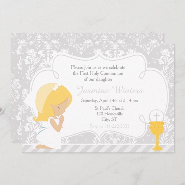 Blonde Girl First Communion Damask Inbjudningar (Fram/baksida)
