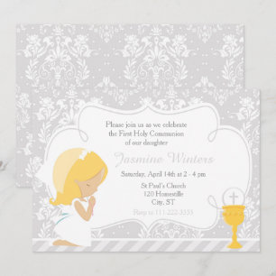Blonde Girl First Communion Damask Inbjudningar