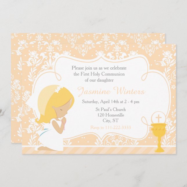 Blonde Girl First Communion Damask Inbjudningar (Fram/baksida)