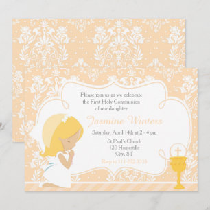 Blonde Girl First Communion Damask Inbjudningar
