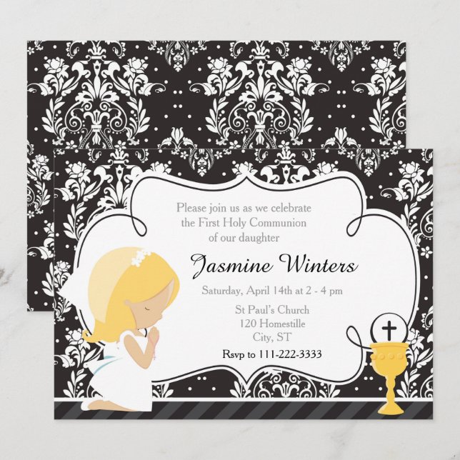 Blonde Girl First Communion Damask Inbjudningar (Fram/baksida)