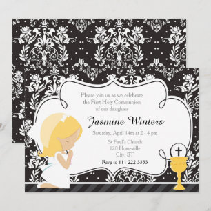Blonde Girl First Communion Damask Inbjudningar