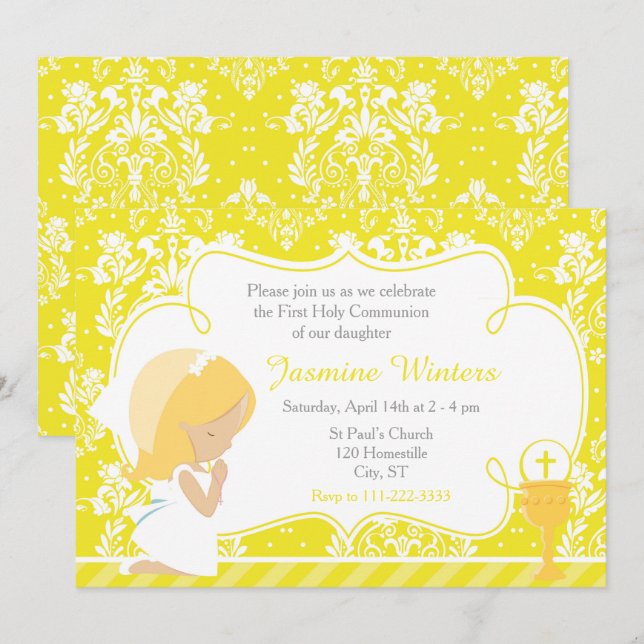 Blonde Girl First Communion Damask Inbjudningar (Fram/baksida)