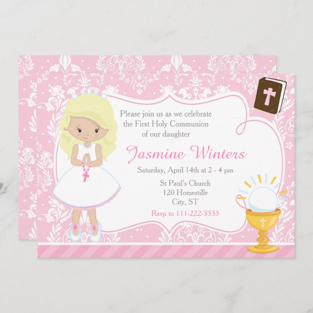 Blonde Girl First Communion Damask Inbjudningar (Fram/baksida)
