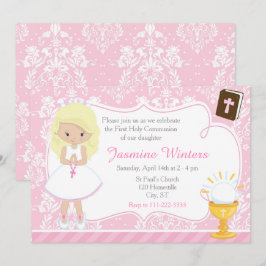 Blonde Girl First Communion Damask Inbjudningar