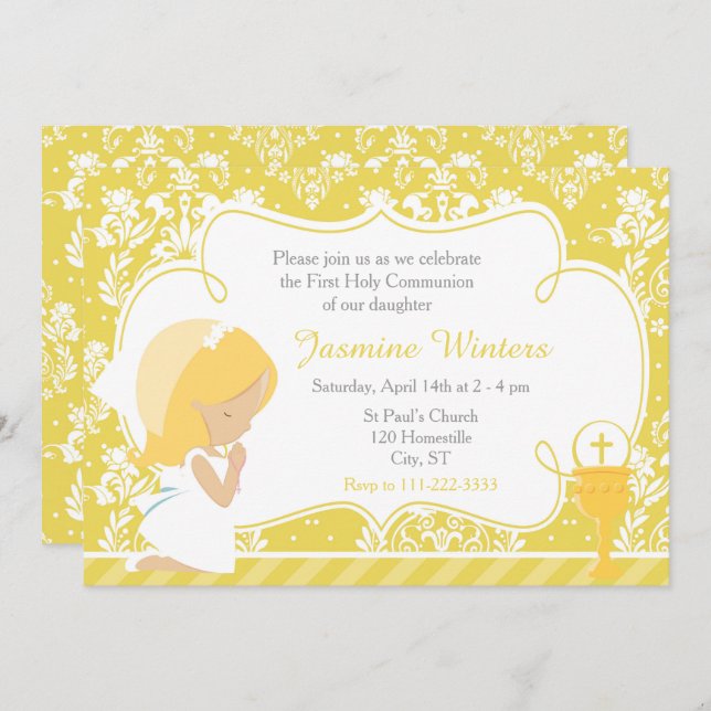 Blonde Girl First Communion Guld Damask Inbjudningar (Fram/baksida)