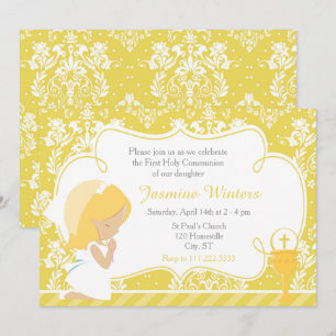 Blonde Girl First Communion Guld Damask Inbjudningar