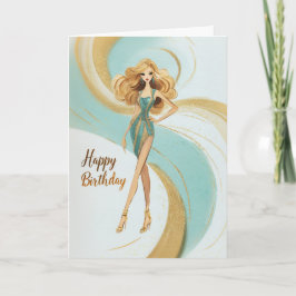 Blonde Girl in Teal Gold Glam Fashionista Birthday Kort