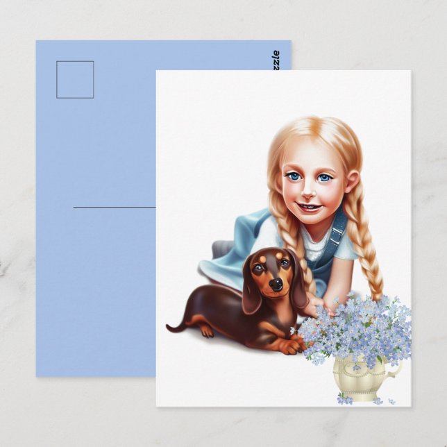 Blonde Girl med Dachshund Puppy Vykort (Fram/baksida)