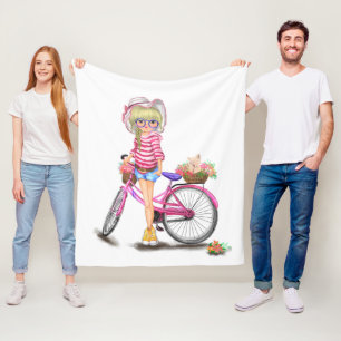 Blonde Girl med Rosa Bike Fleece Blanket