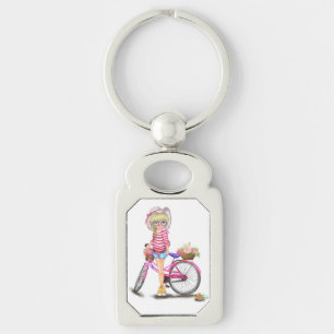Blonde Girl med Rosa Bike Keychain Gift Rektangulärt Silverfärgad Nyckelring