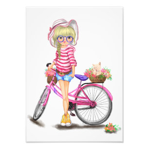 Blonde Girl med Rosa Bike Photo Print Fototryck
