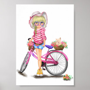 Blonde Girl med Rosa Bike Poster