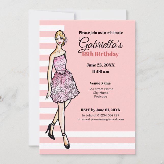 Blonde Girl med Rosa ros Cocktail Dress Inbjudningar (Framsida)