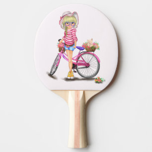 Blonde Girl Ping Pong Paddle med Rosa Bike Pingisracket