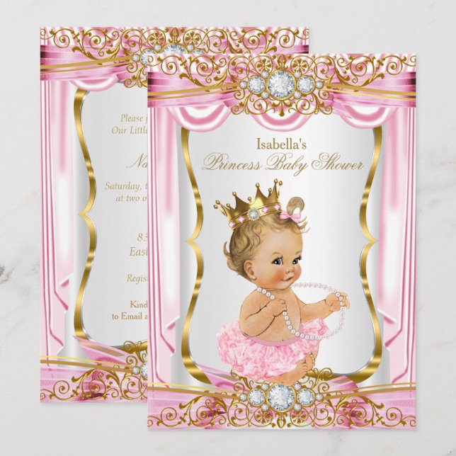 Blonde Girl Princess Baby Shower Rosa Silke Guld Inbjudningar (Fram/baksida)
