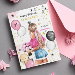 Blonde Girl Rosa Guld Balloons Grattis på födelsed Helgkort