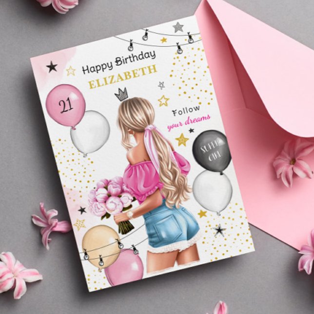Blonde Girl Rosa Guld Balloons Grattis på födelsed Helgkort (Skapare uppladdad)