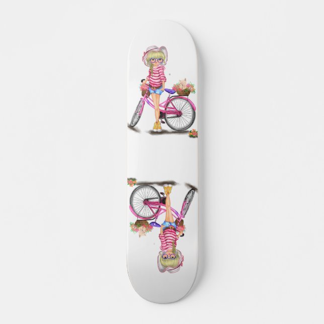 Blonde Girl Skateboard med Rosa Bike (Framsida)